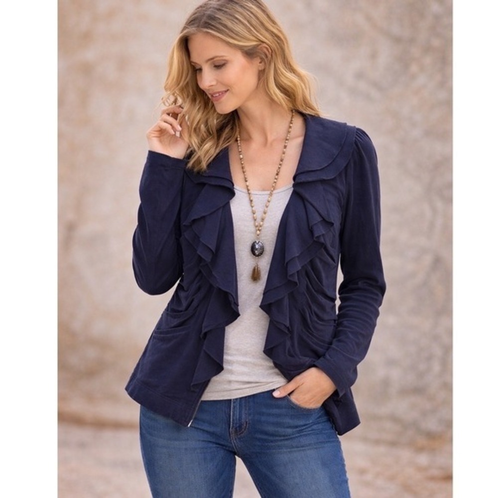 Boston Proper Black Ruffle Zip‎ Up Cardigan  Womens Medium